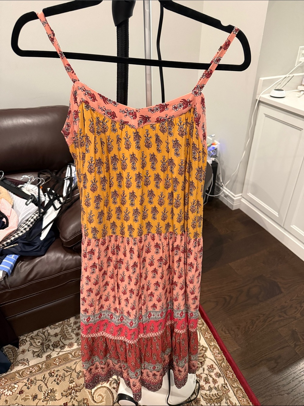 Knox Rose Strapless Tiered Maxi Dress in Mustard and Coral